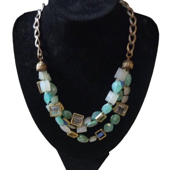 Blue White Glass and Stone Multi Strand 20 Inch Layered Beaded Necklace J58 - Picture 1 of 5